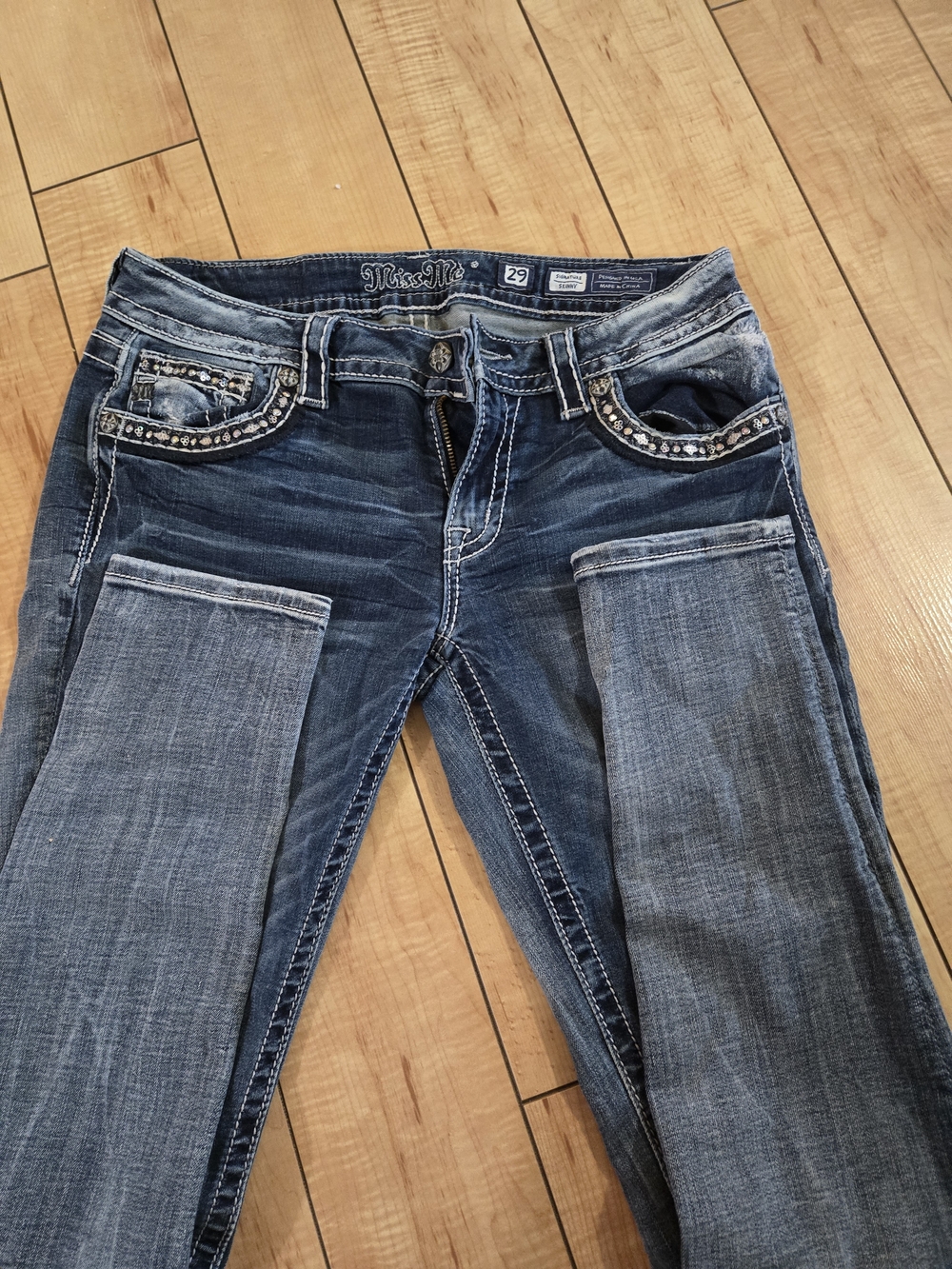 Miss Me Jewel Back Pocket Skinny Jeans - Light Blue